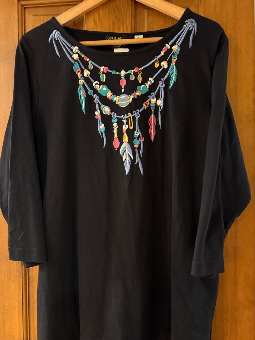 Bob Mackie Black Long-Sleeve Tee with Colorful Necklace Print